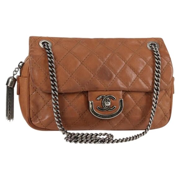CHANEL Matelasse Chain Shoulder Bag Leather Brown Silver CC Auth 134215 - Picture 1 of 16